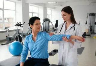 Licensed physiotherapist conducting a shoulder assessment in a top-rated clinic.