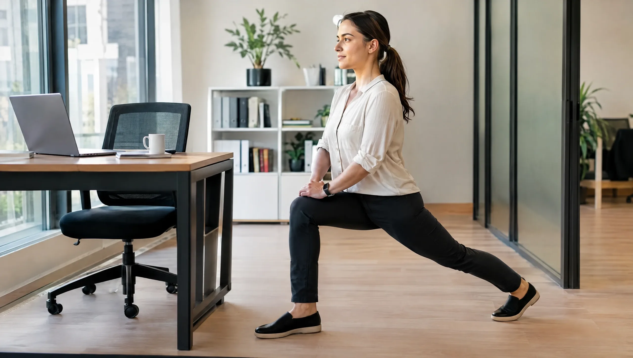 Office worker doing a hip flexor stretch beside their desk during a work break