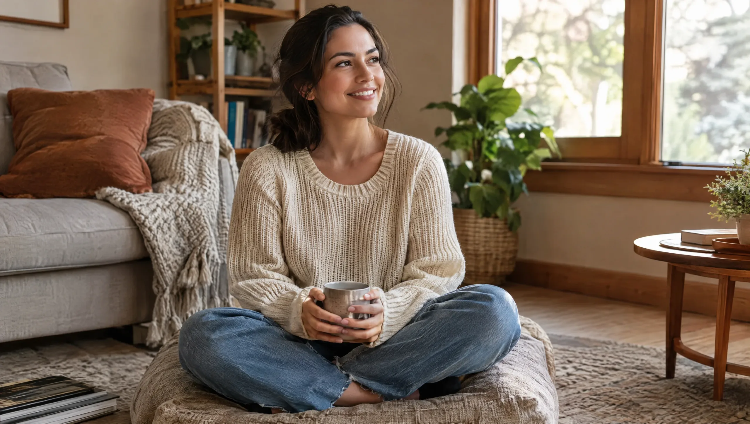 Person sitting comfortably cross-legged at home, relevant to knee-friendly floor-sitting habits