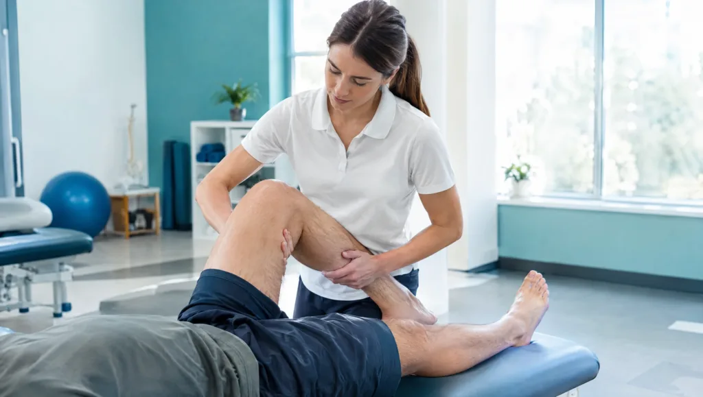 Knee Pain Physiotherapy Rawalpindi – physiotherapist examining a patient's knee joint