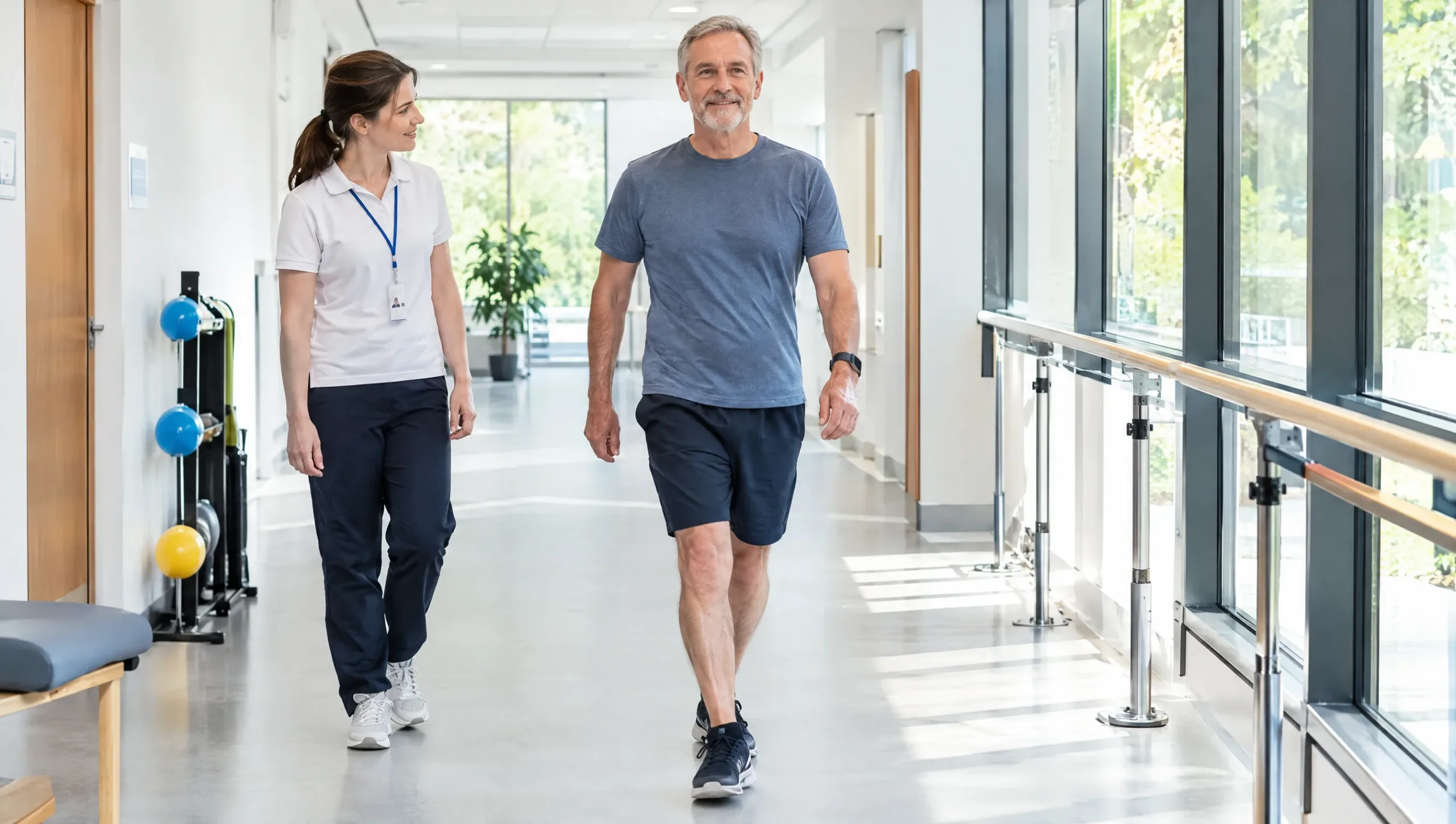Patient walking confidently during knee pain rehabilitation recovery