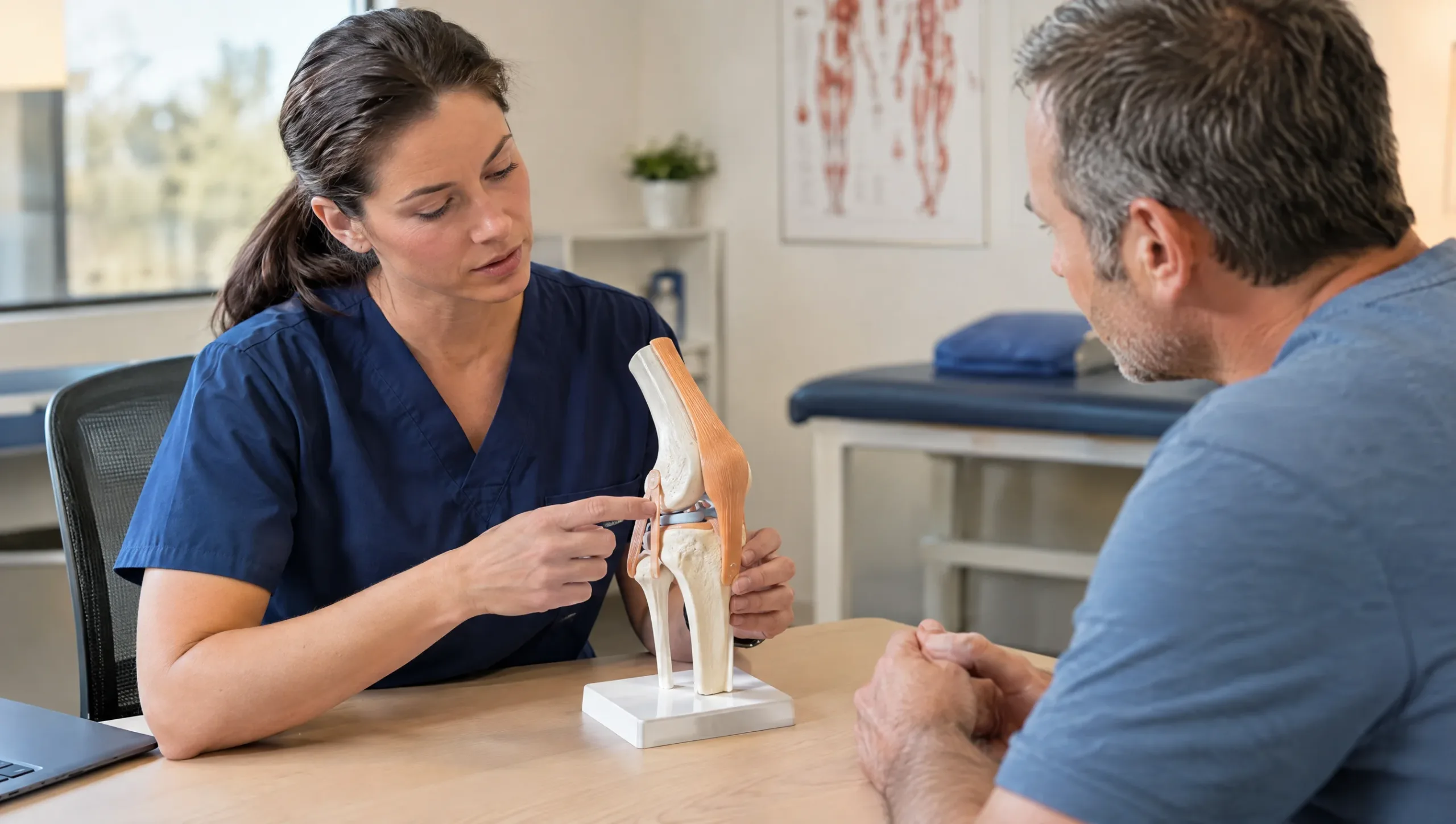 Physiotherapist consulting with a patient about knee pain warning signs