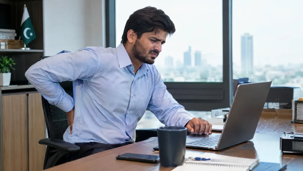 Office worker in Rawalpindi holding his lower back in pain from long desk hours