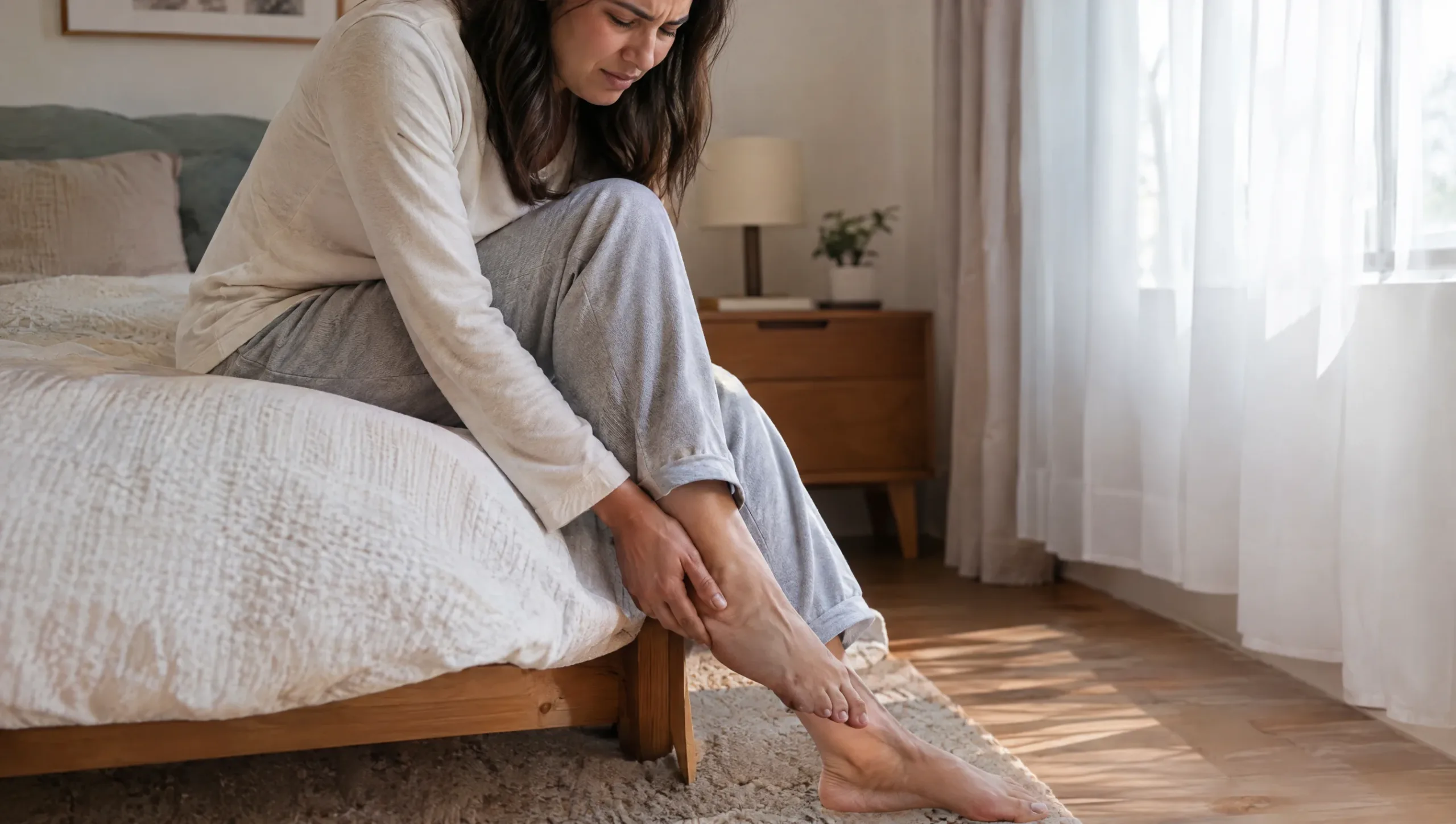 Person holding heel in pain, a classic morning symptom of plantar fasciitis