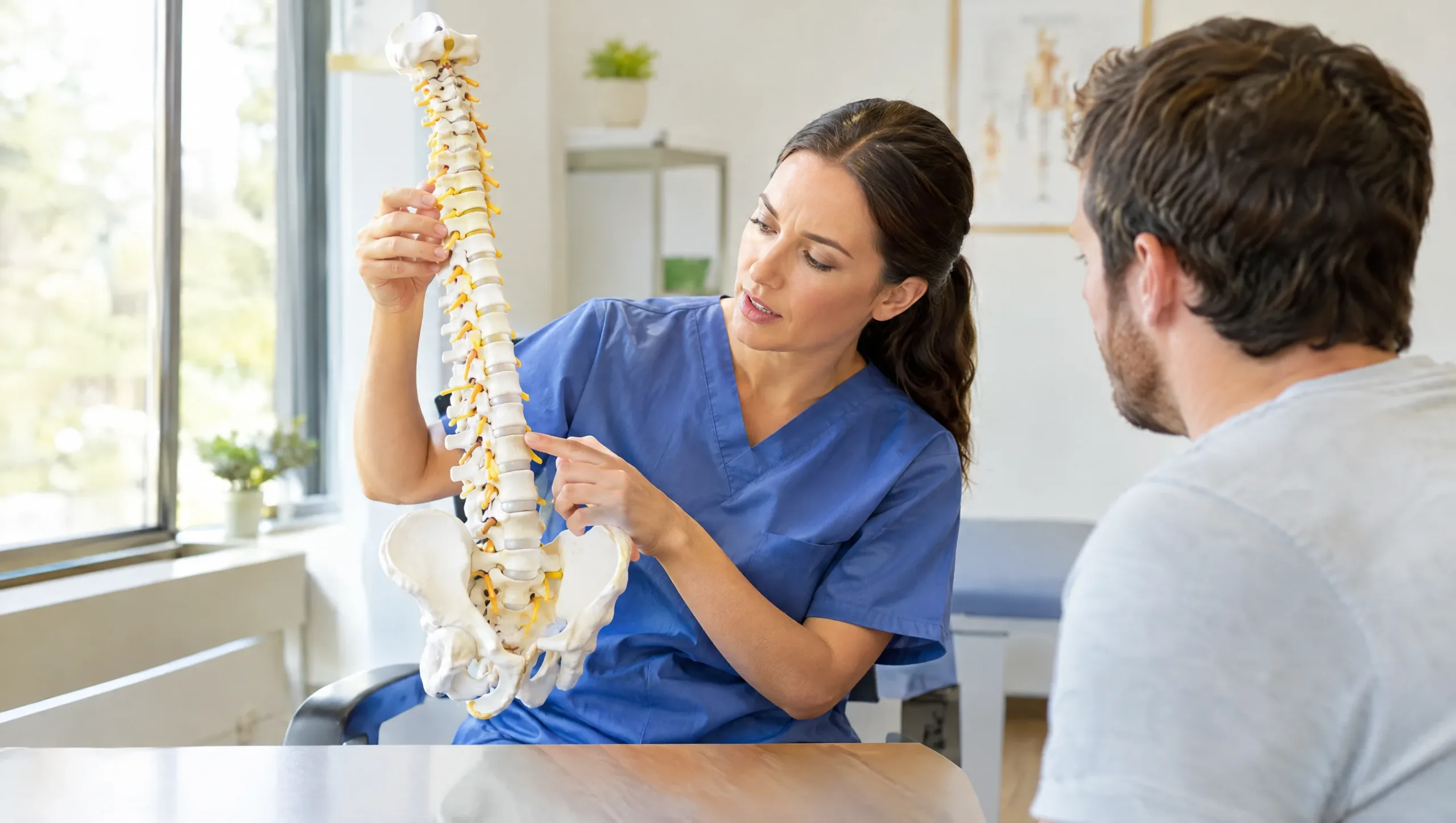 Physiotherapist explaining spine anatomy to a patient during a consultation
