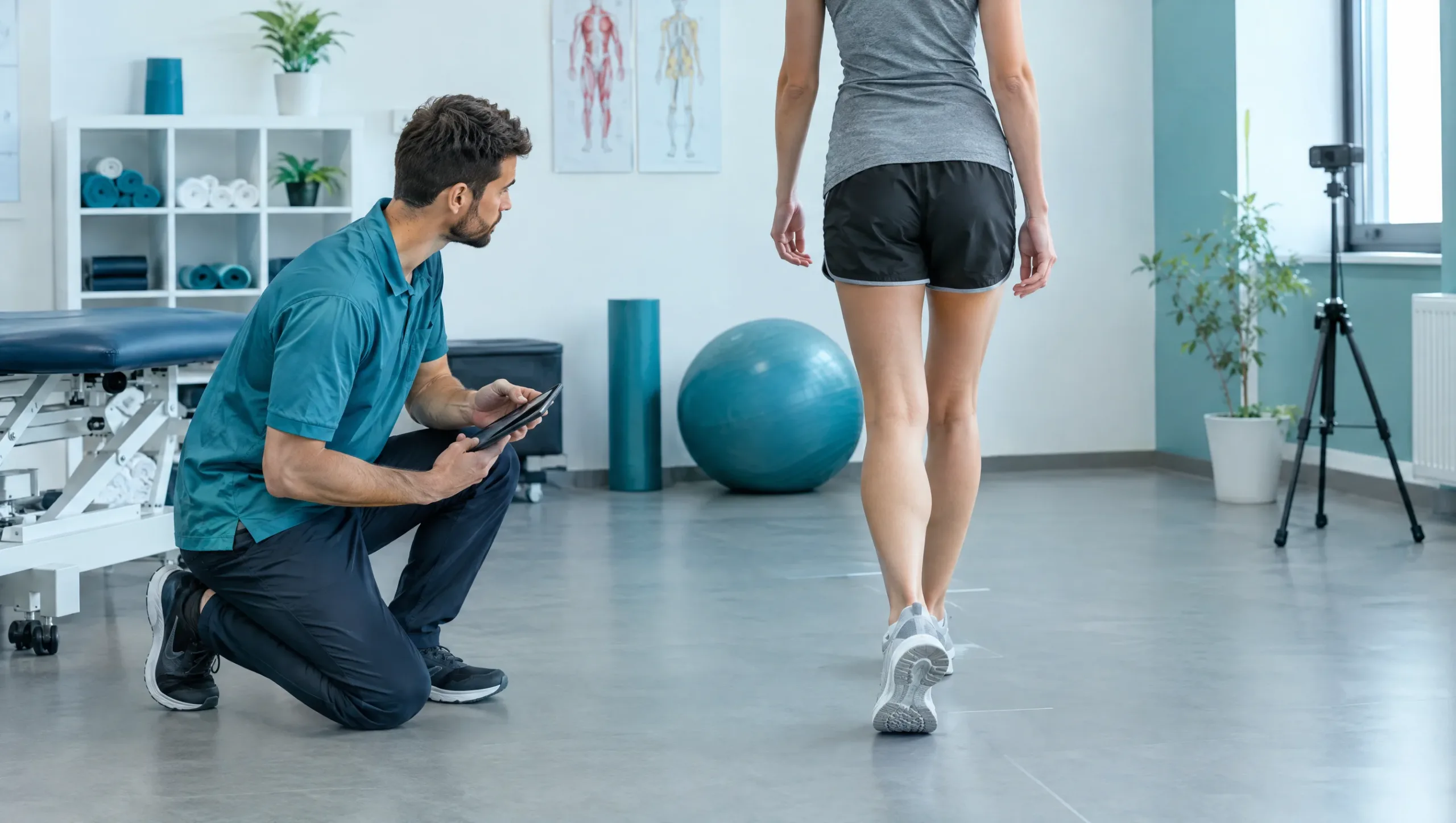Physiotherapist performing gait analysis to diagnose plantar fasciitis