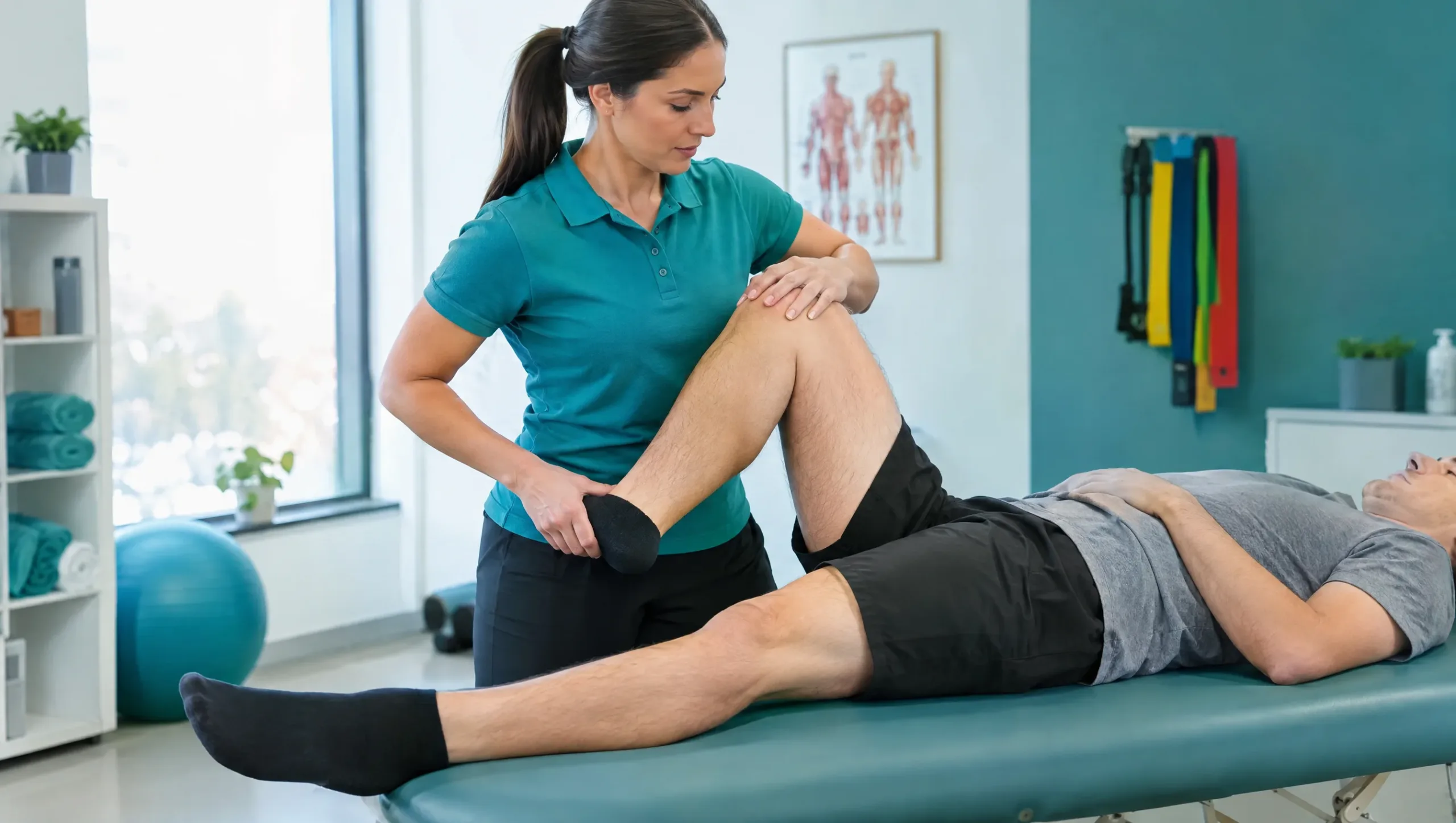 Physiotherapist performing a knee range-of-motion assessment test