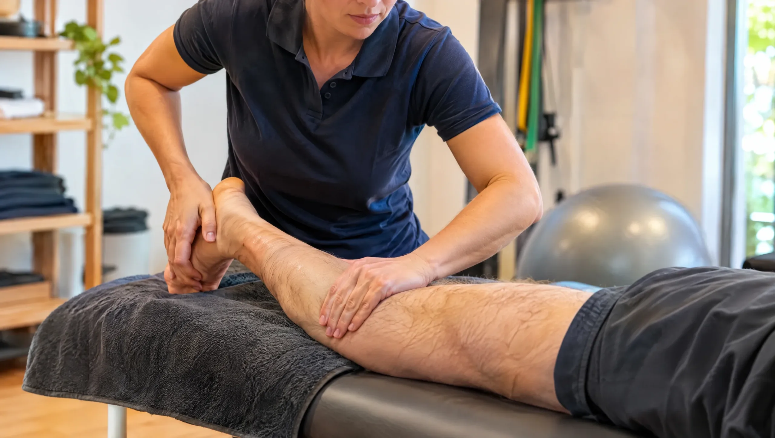 Physiotherapist performing manual therapy on calf and foot for plantar fasciitis treatment