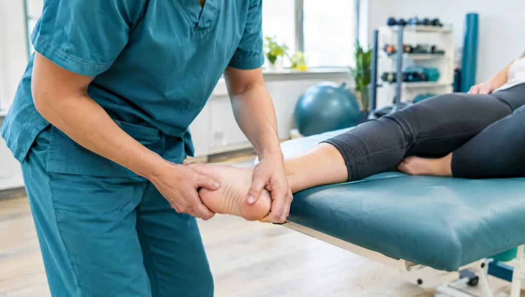 Physiotherapist assessing heel and foot for plantar fasciitis treatment