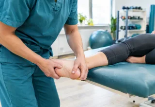 Physiotherapist assessing heel and foot for plantar fasciitis treatment
