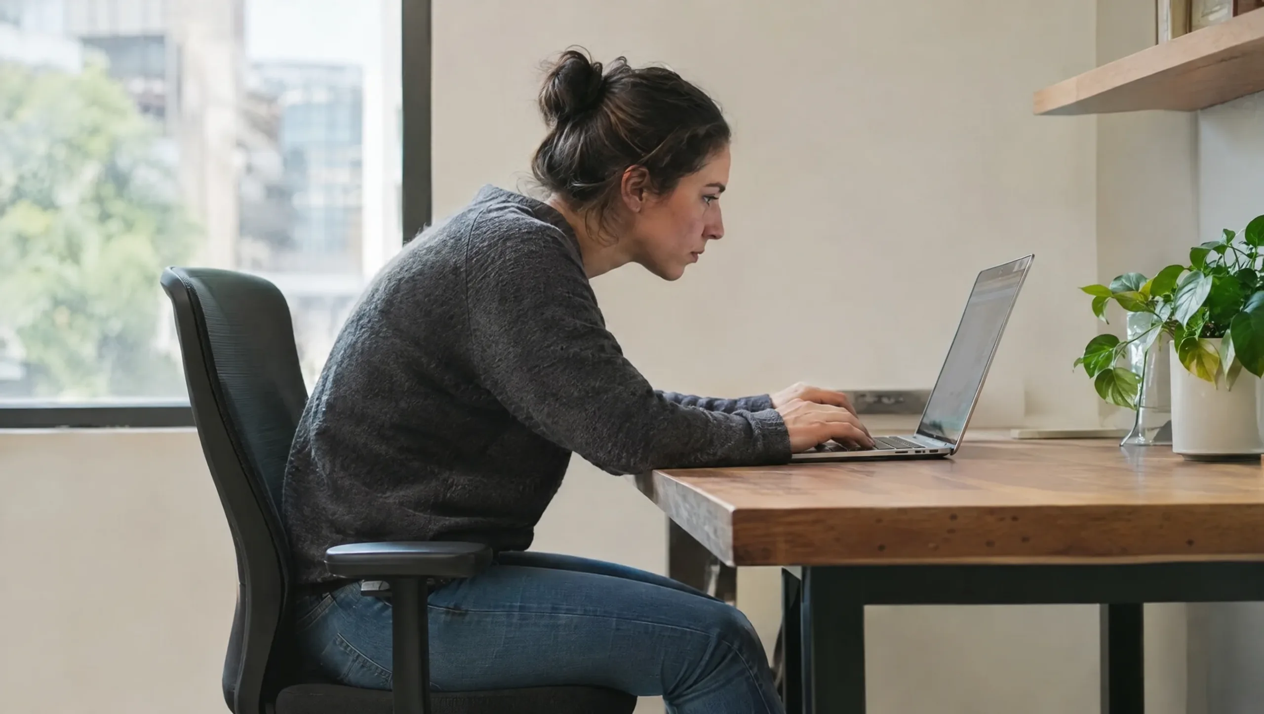 Person sitting at a desk with slouched posture causing lower back strain, physiotherapy for lower back pain