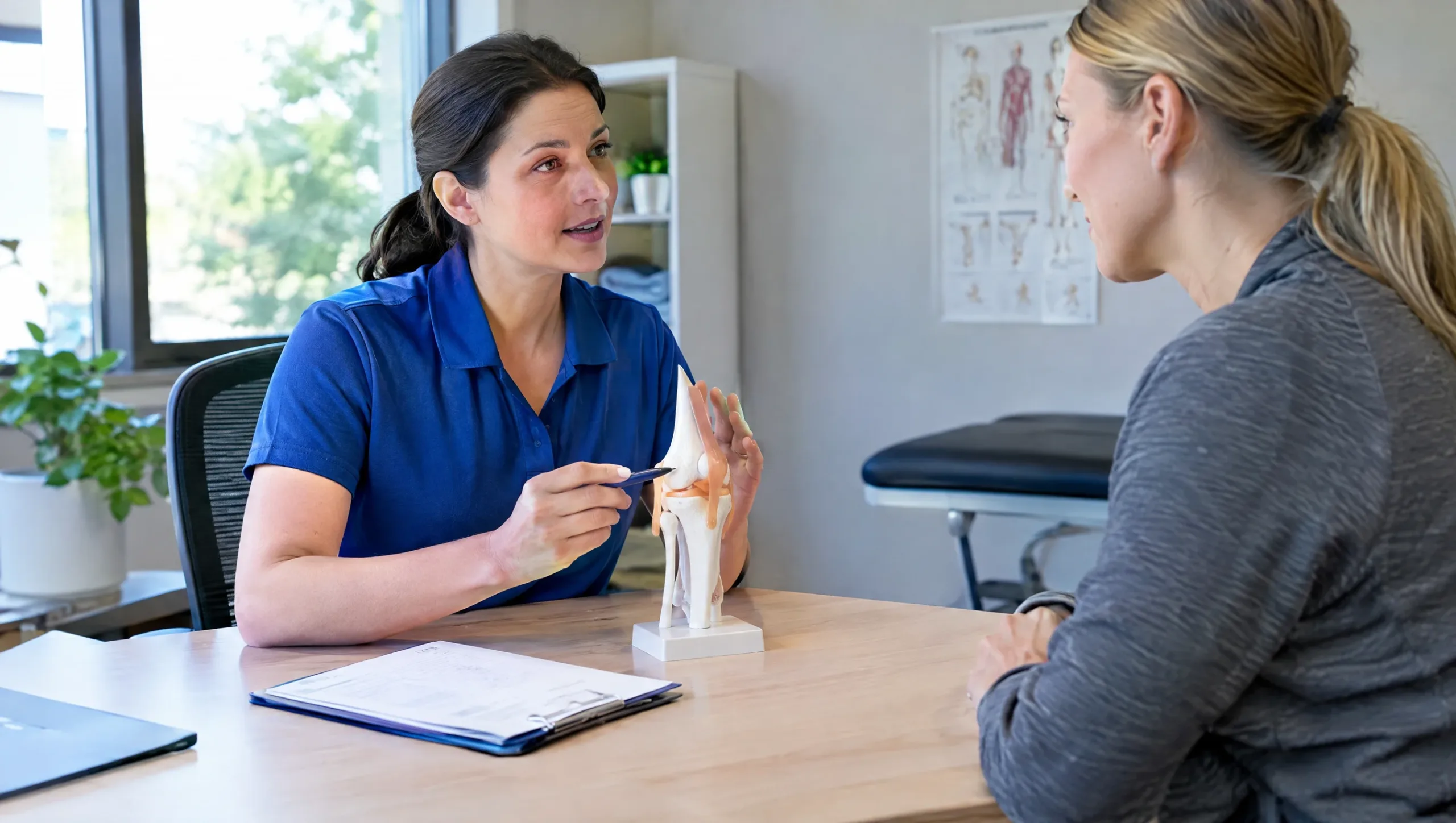 Patient consulting physiotherapist about ACL surgery rehab questions