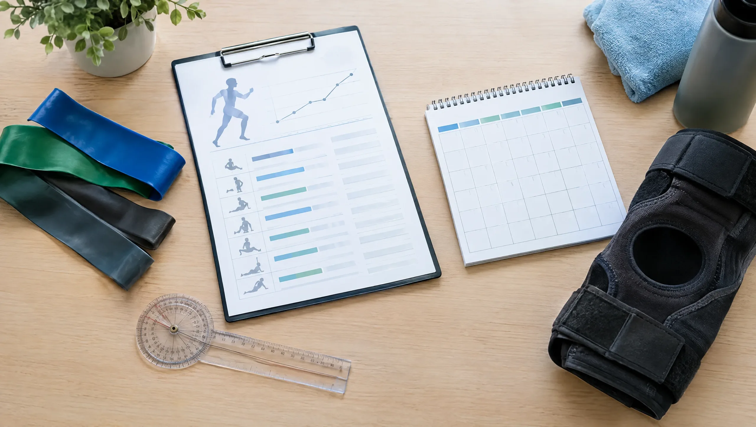 ACL rehab physiotherapy timeline chart with clinic equipment on desk