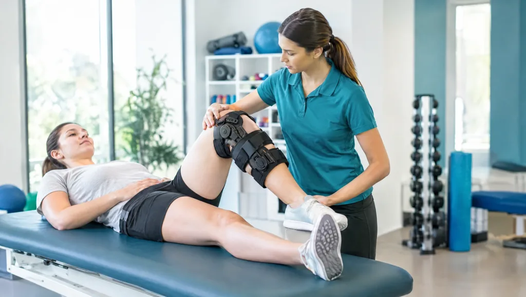 Physiotherapist guiding a patient through ACL surgery physiotherapy rehab exercise in a Rawalpindi clinic