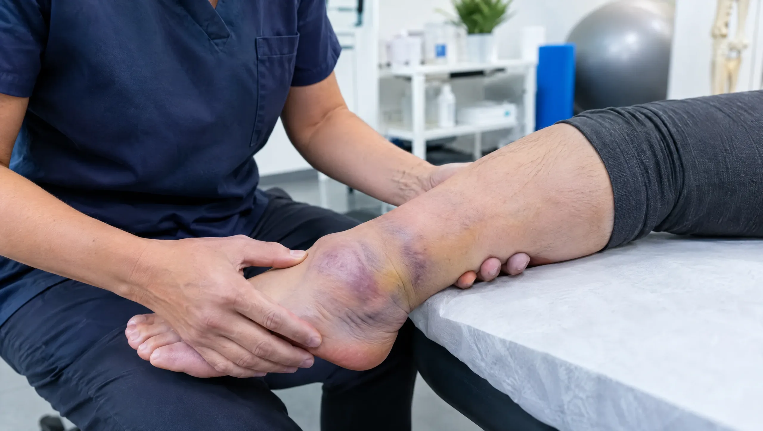 Physiotherapist checking swelling and bruising on a sprained ankle to assess grade and symptoms