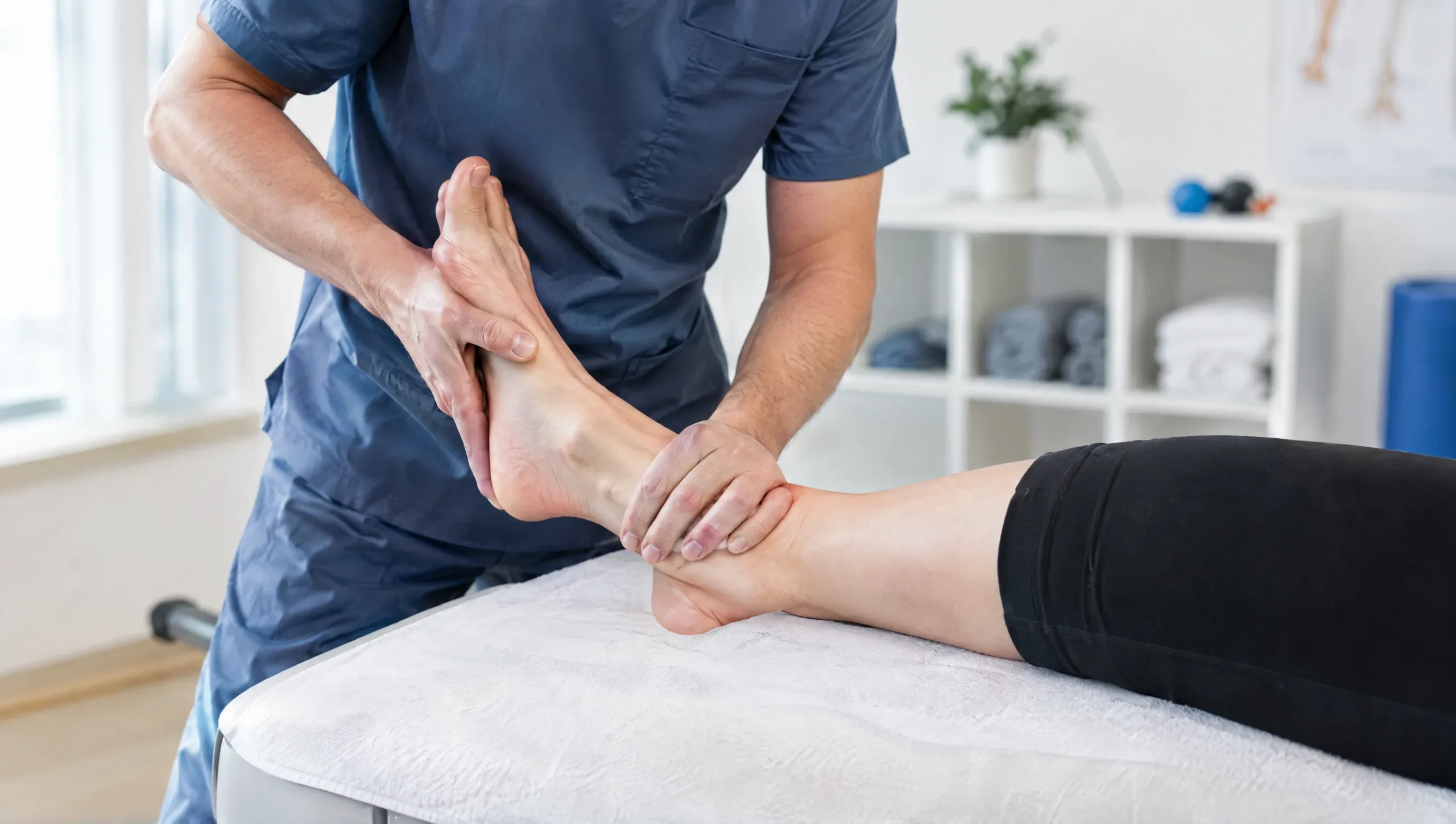 Physiotherapist performing manual joint mobilization on an ankle during physiotherapy recovery treatment