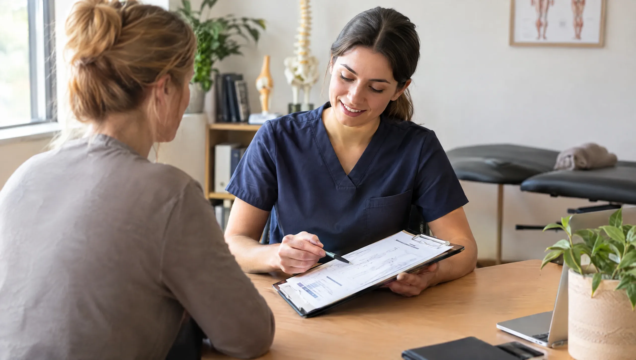 Physiotherapist consulting with a patient about an ankle sprain recovery treatment plan