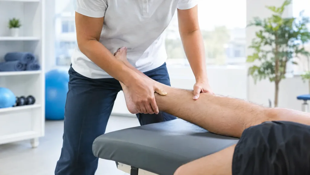 Physiotherapist examining a patient's ankle in a clinical setting for ankle sprain physiotherapy recovery