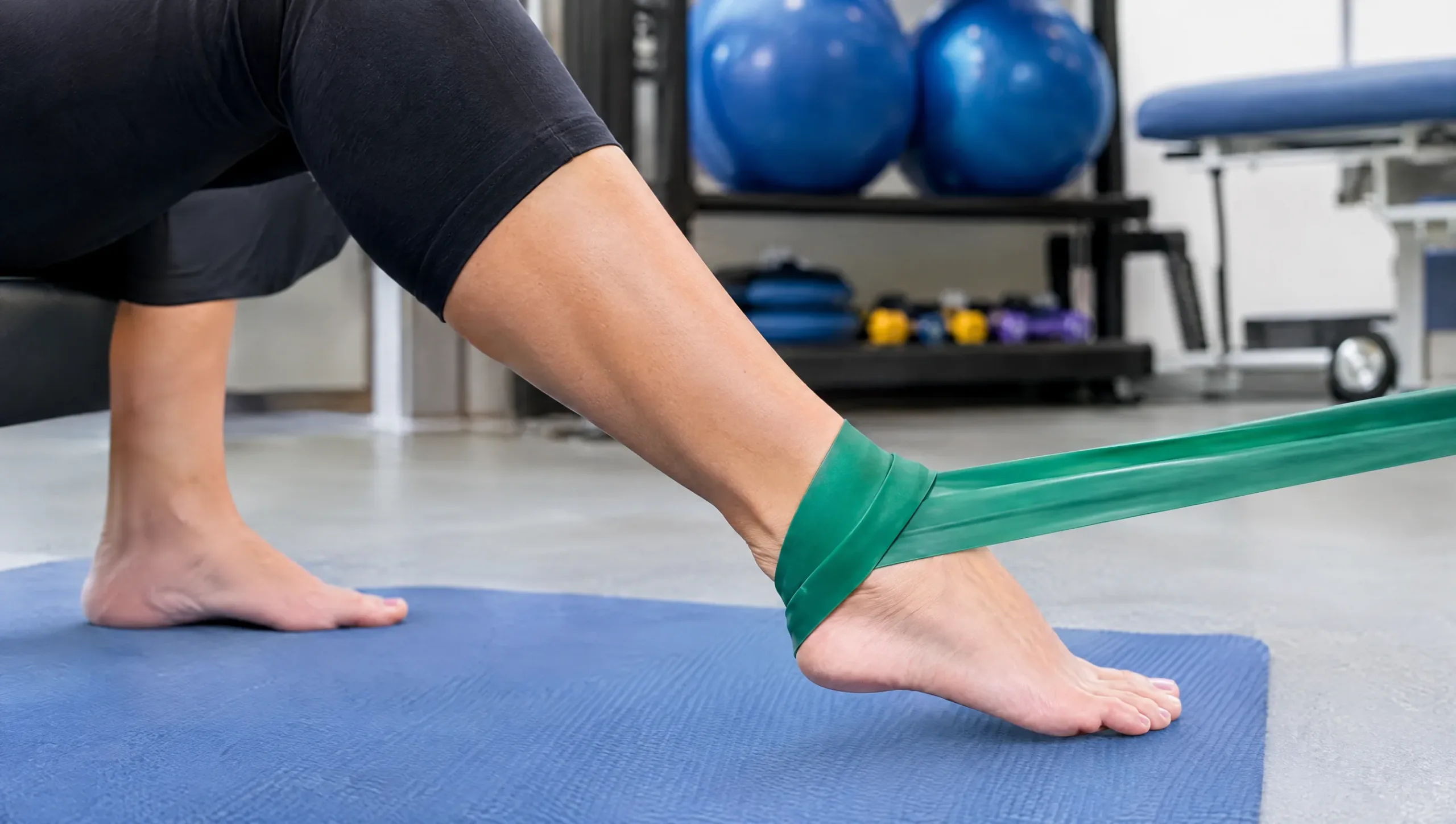 Close-up of a resistance band ankle strengthening exercise used in ankle sprain physiotherapy recovery