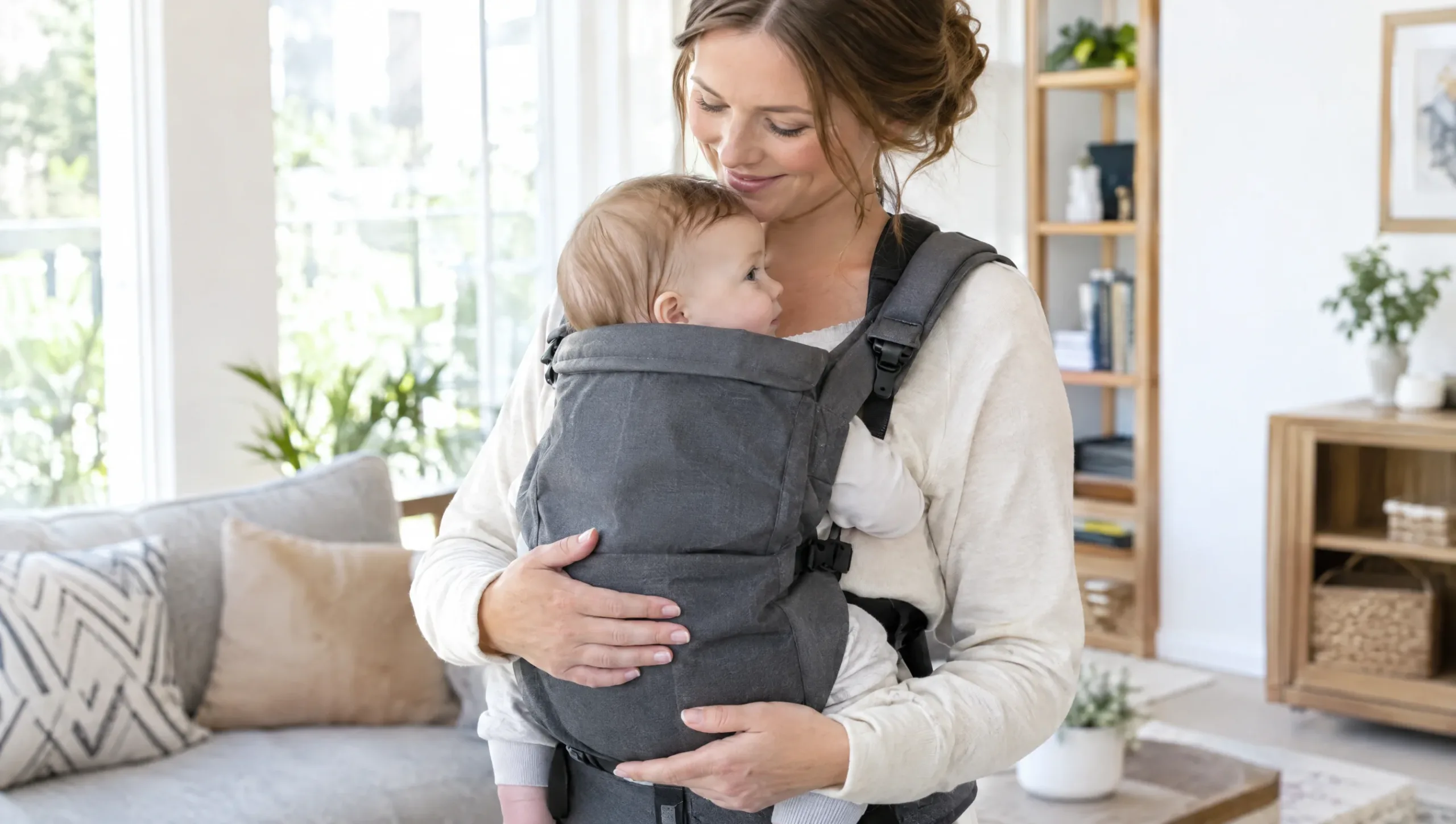 Mother using a baby carrier correctly to protect her wrists from strain