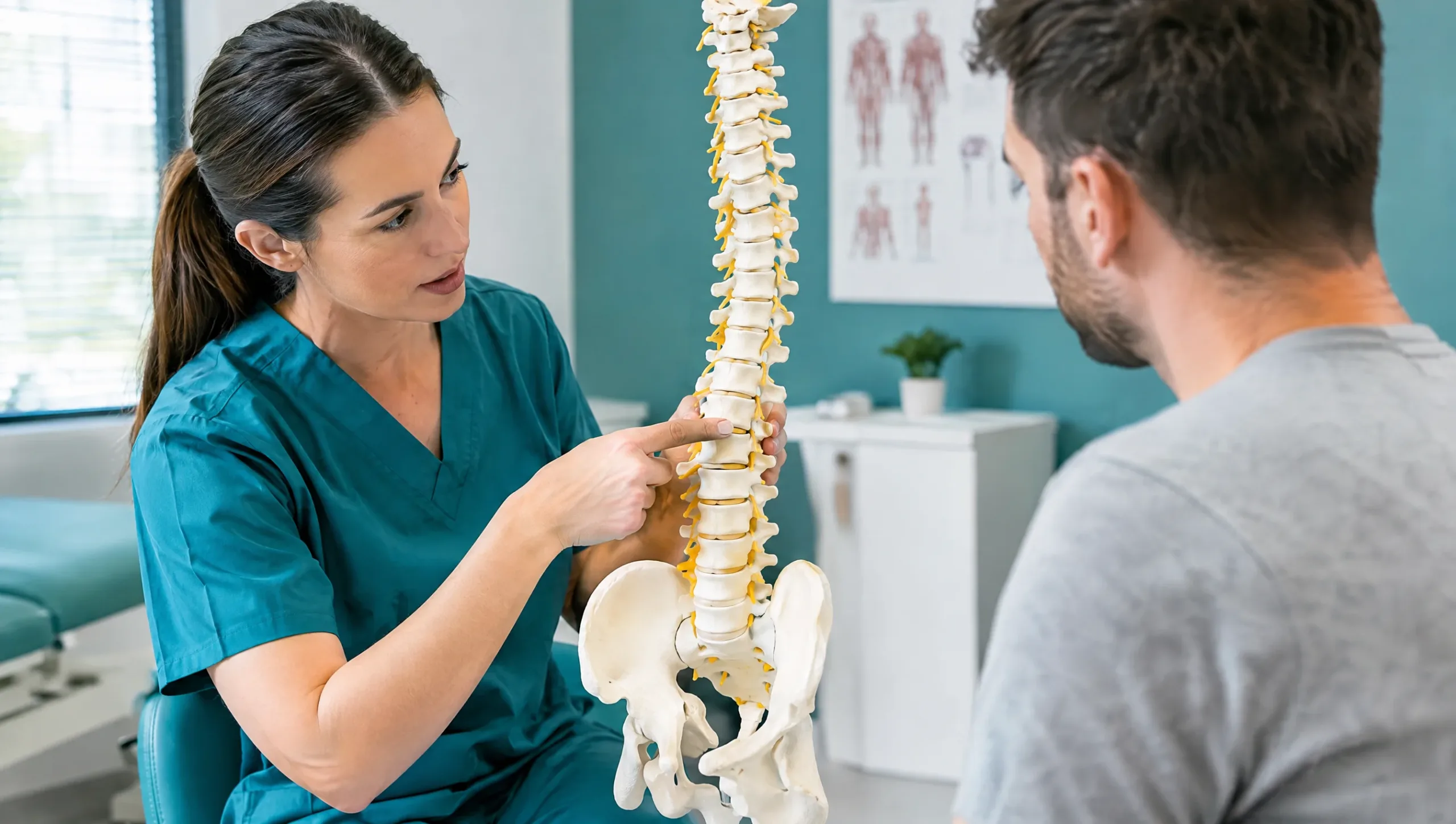 Physiotherapist discussing red flag back pain symptoms with a patient