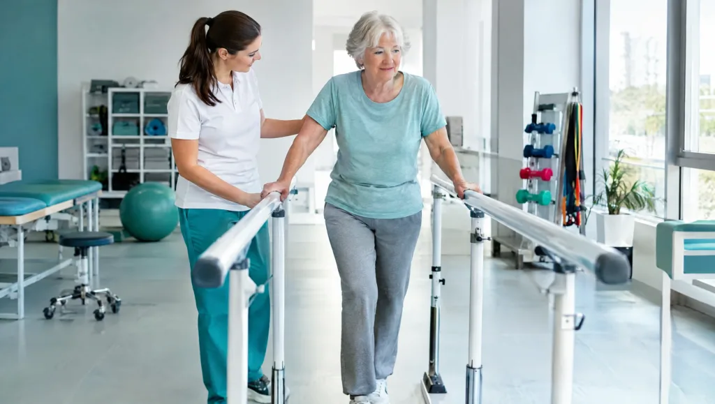 Physiotherapist helping a senior practice balance exercises using parallel bars