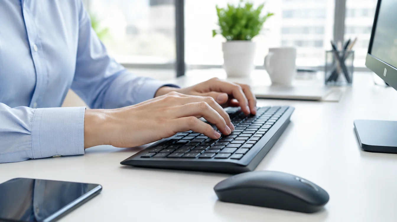 Office worker typing with wrists bent, a common repetitive strain cause of carpal tunnel syndrome