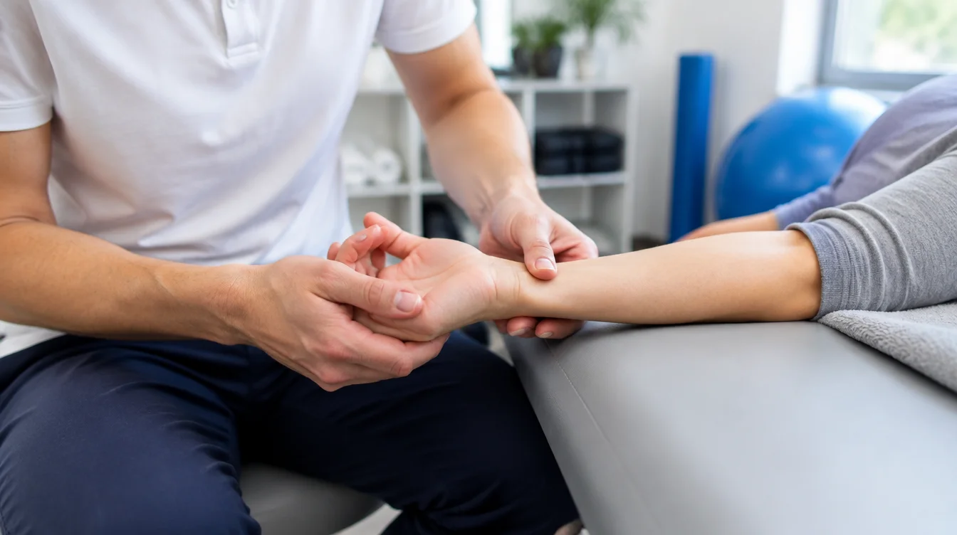 Physiotherapist examining the wrist joint and median nerve area for carpal tunnel syndrome