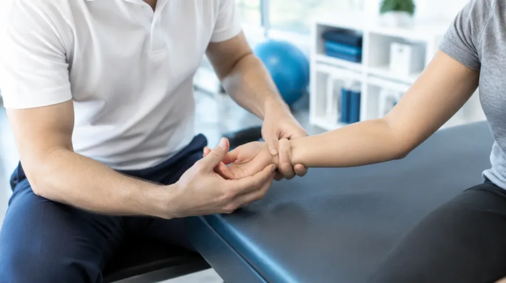 Physiotherapist examining a patient's wrist for carpal tunnel syndrome assessment