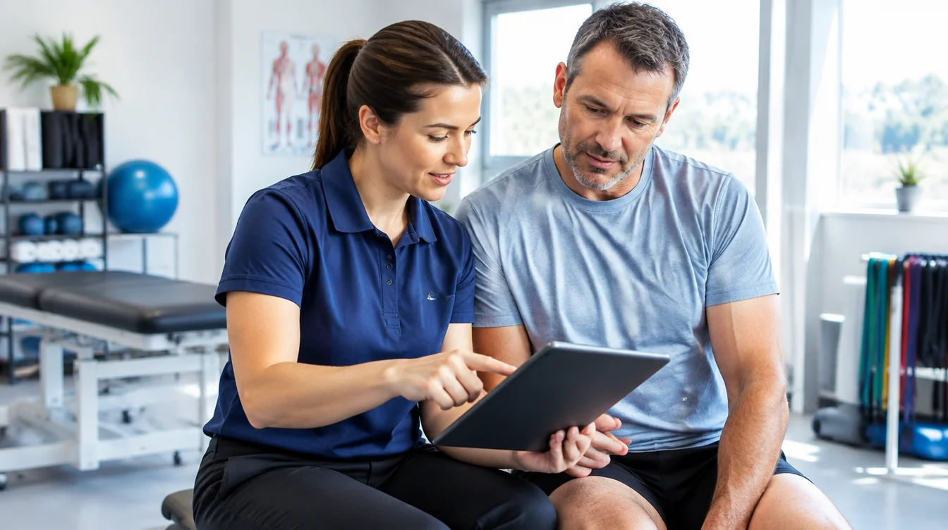 Physiotherapist and patient reviewing recovery progress, comparing physiotherapy and surgery outcomes