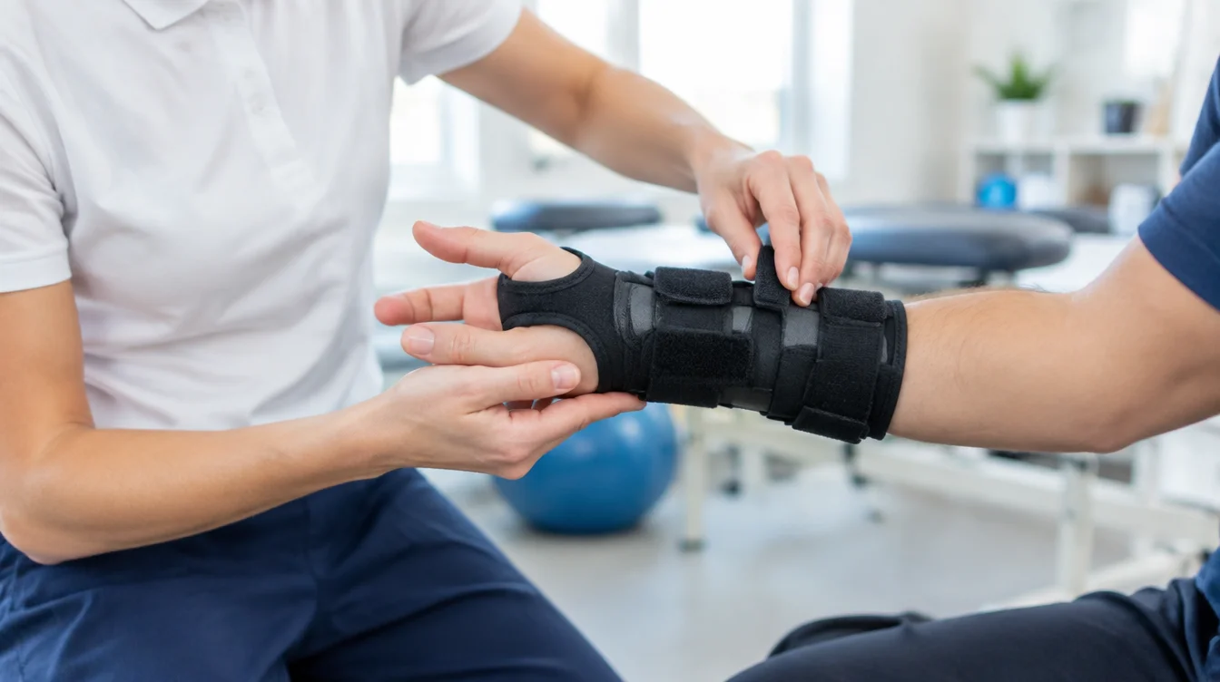 Physiotherapist fitting a neutral wrist splint as part of carpal tunnel physiotherapy treatment