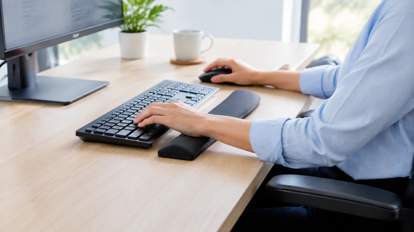 Ergonomic desk setup with wrist support to help prevent carpal tunnel syndrome