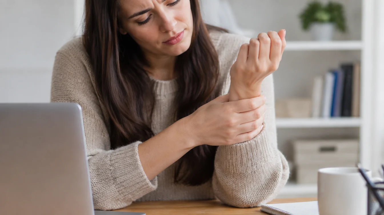 Person rubbing a numb and tingling wrist, an early symptom of carpal tunnel syndrome