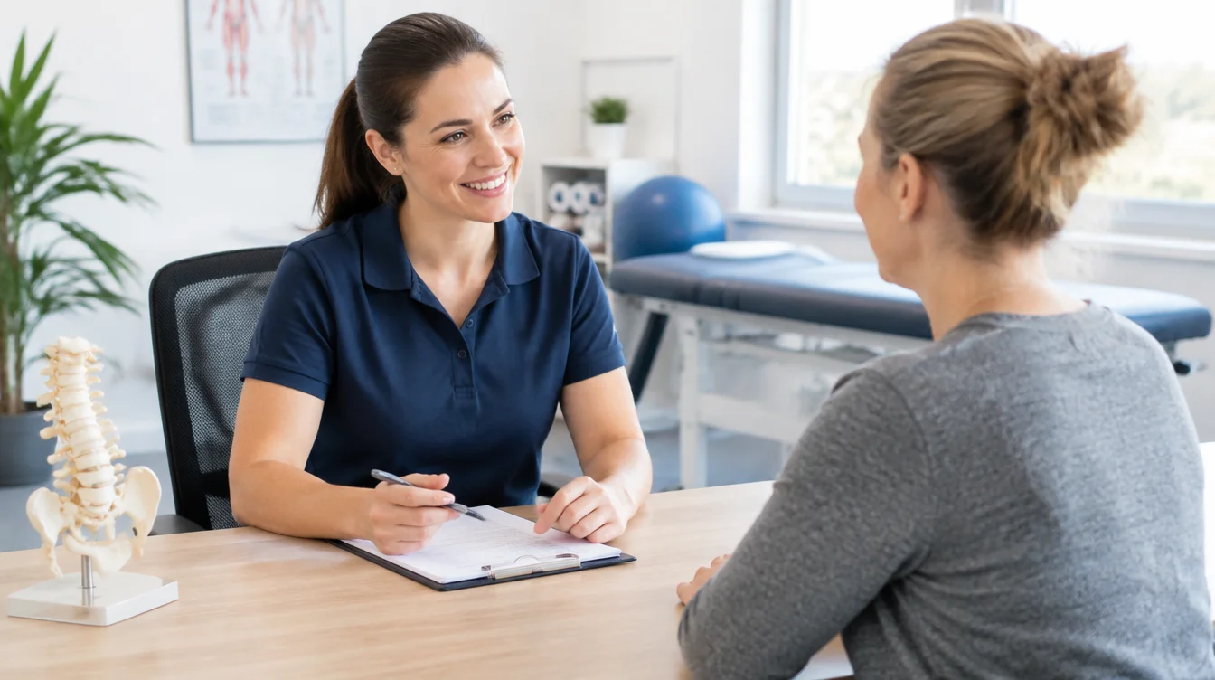 Physiotherapist consulting a patient on whether physiotherapy or surgery suits their carpal tunnel syndrome