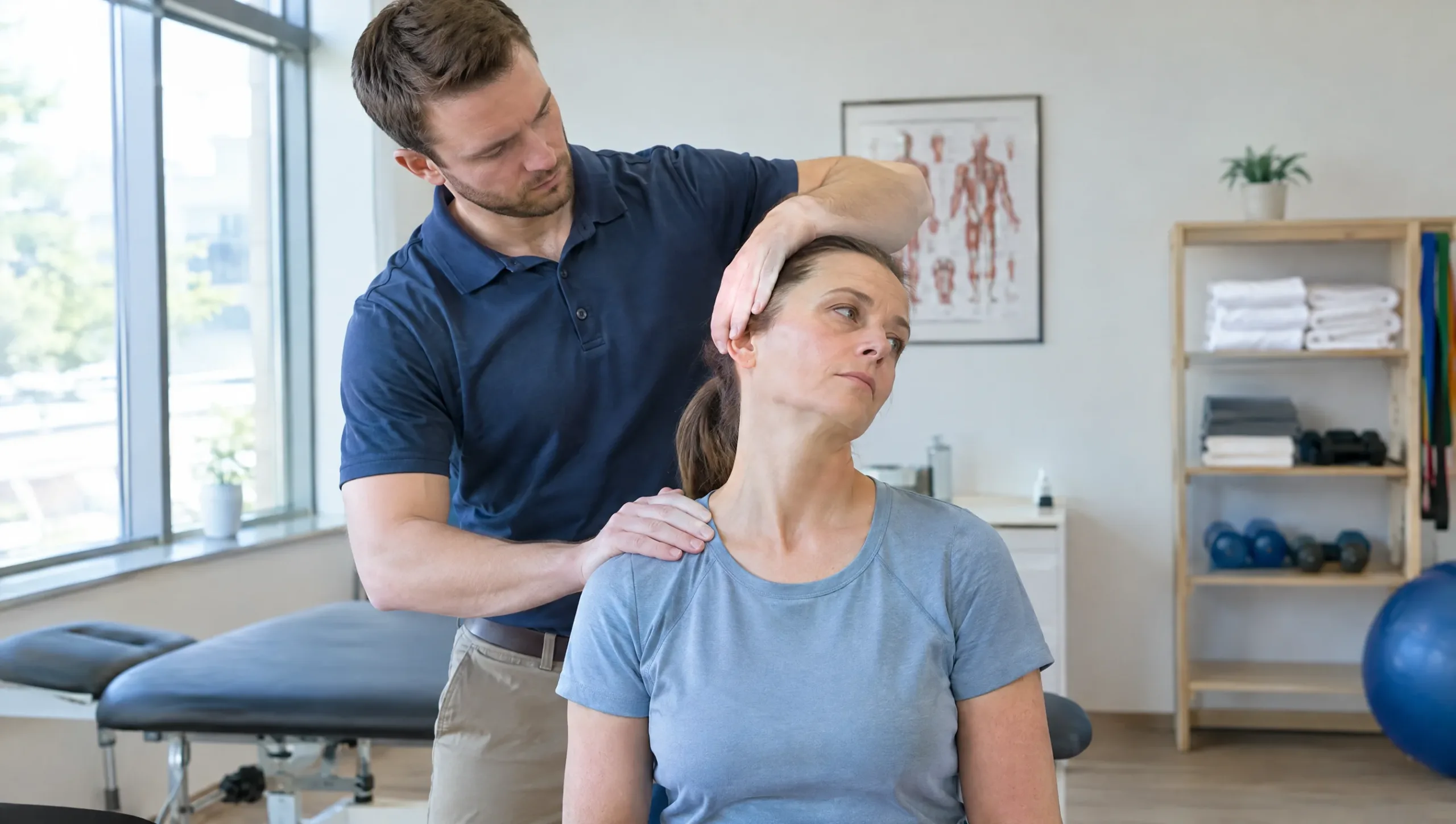 Physiotherapist performing a hands-on cervical spine assessment