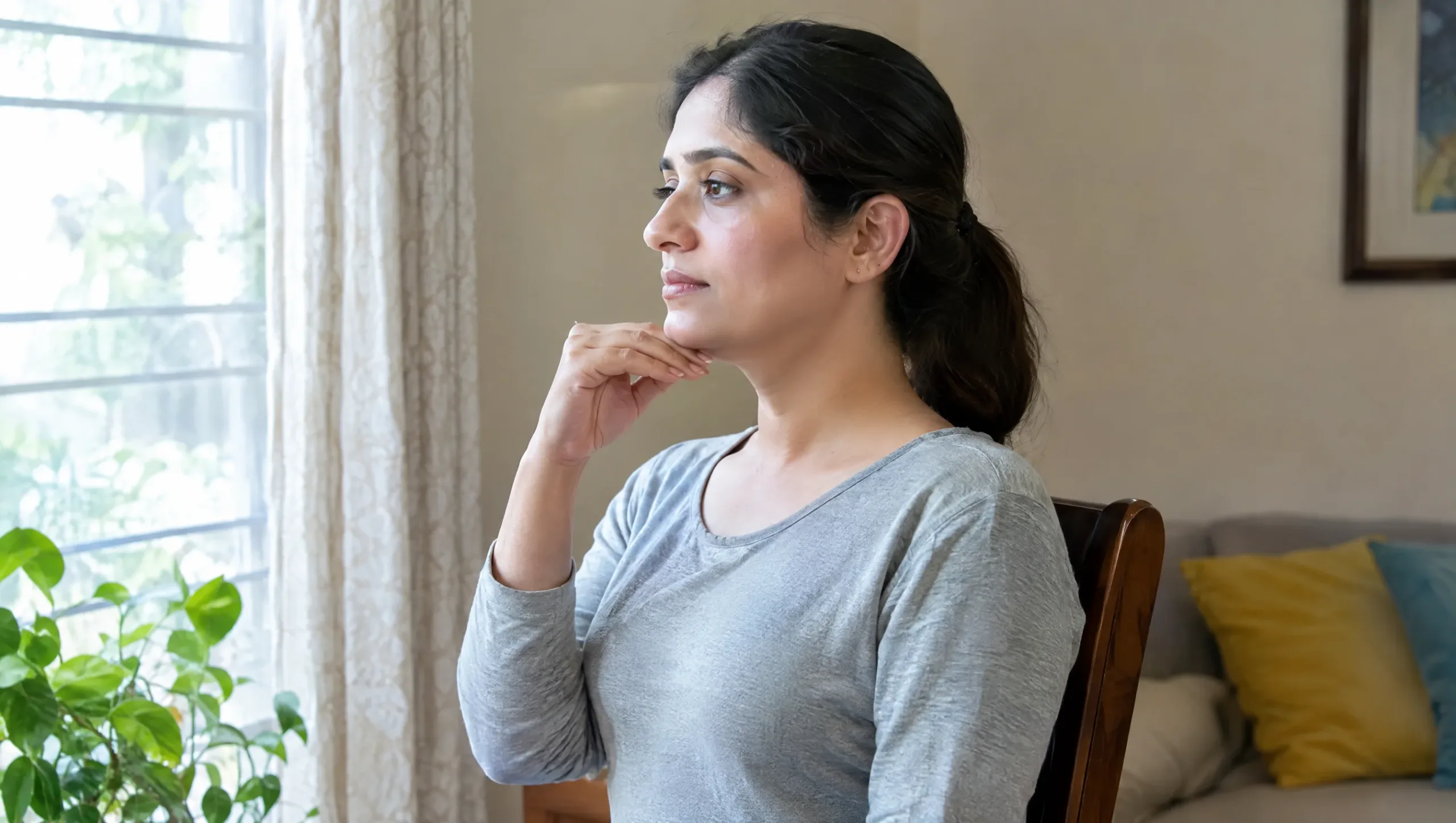 Woman performing a chin tuck exercise for whiplash recovery at home
