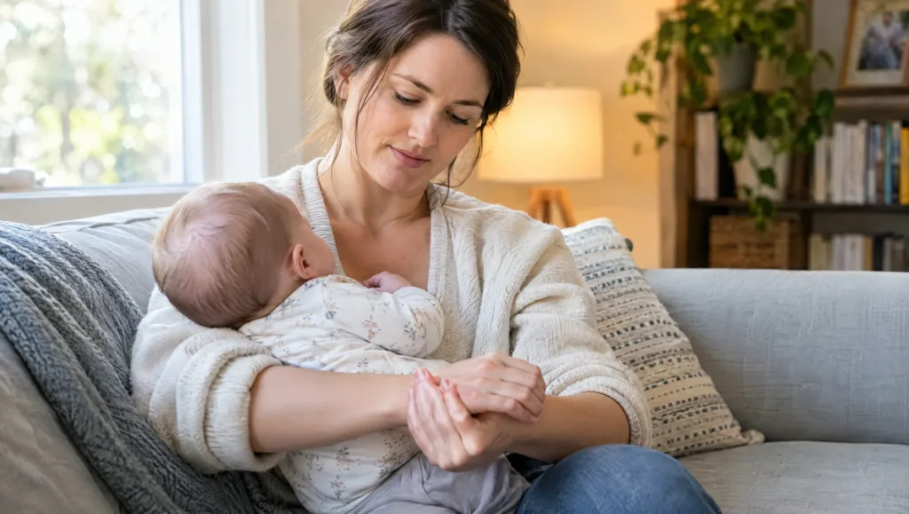 New mother holding her baby while experiencing De Quervain's tenosynovitis wrist pain