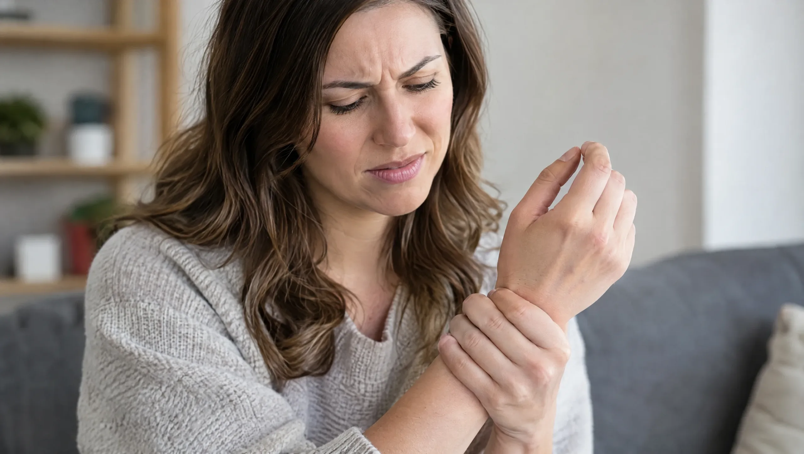 Close-up of a woman holding her wrist in pain from De Quervain's tenosynovitis