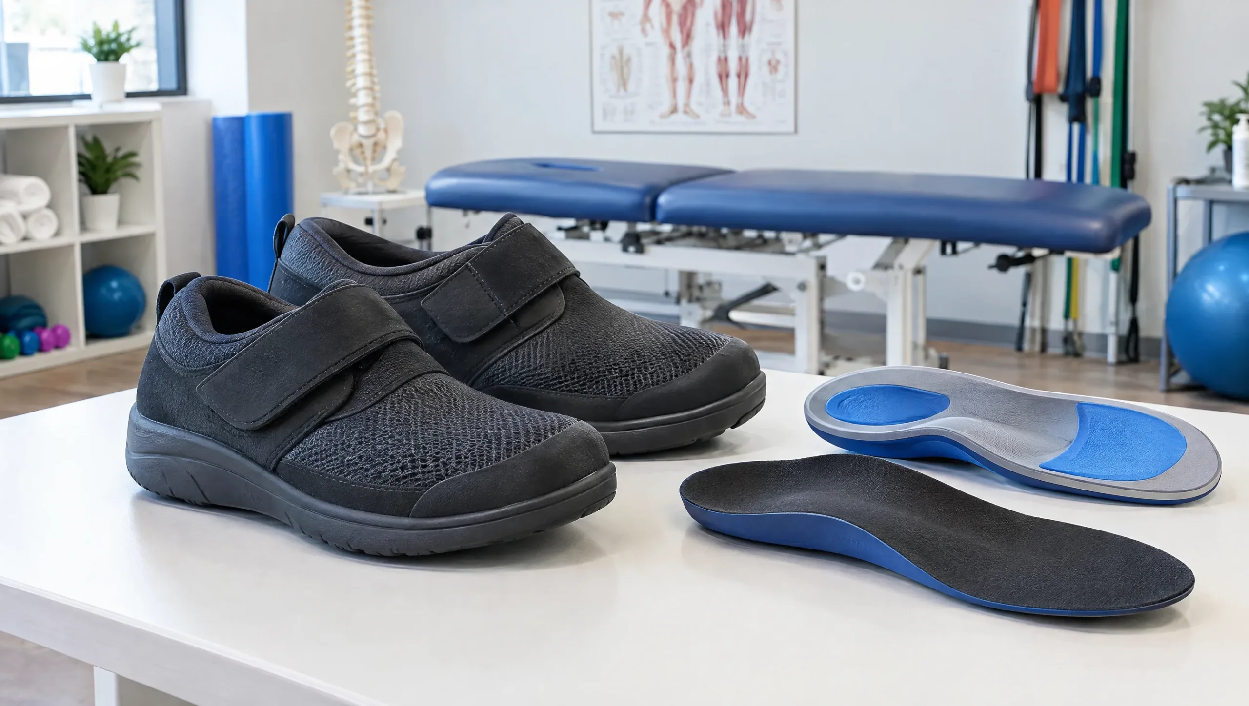 Diabetic-friendly protective footwear and orthotic insoles used in physiotherapy foot care