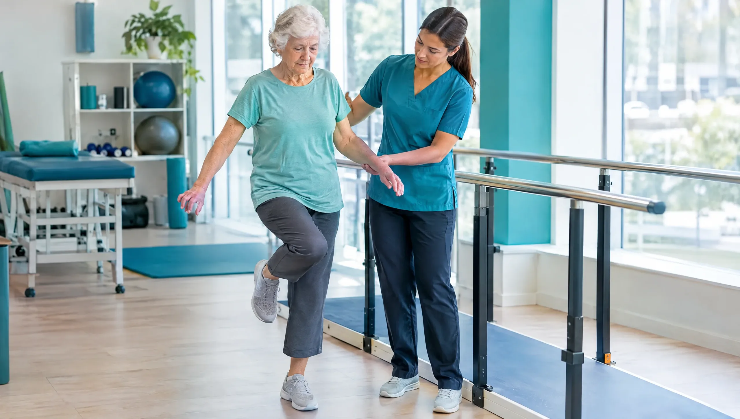 Patient practicing balance exercise with physiotherapist support for diabetic neuropathy fall prevention
