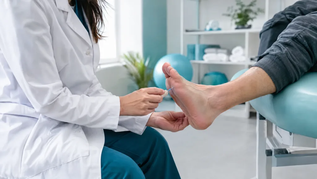 Physiotherapist testing foot sensation for diabetic neuropathy physiotherapy assessment