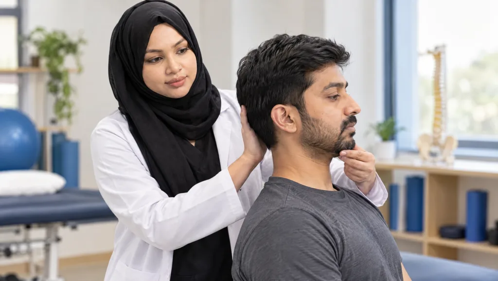 Dr. Iqra Kiran guiding a patient through a chin tuck neck exercise