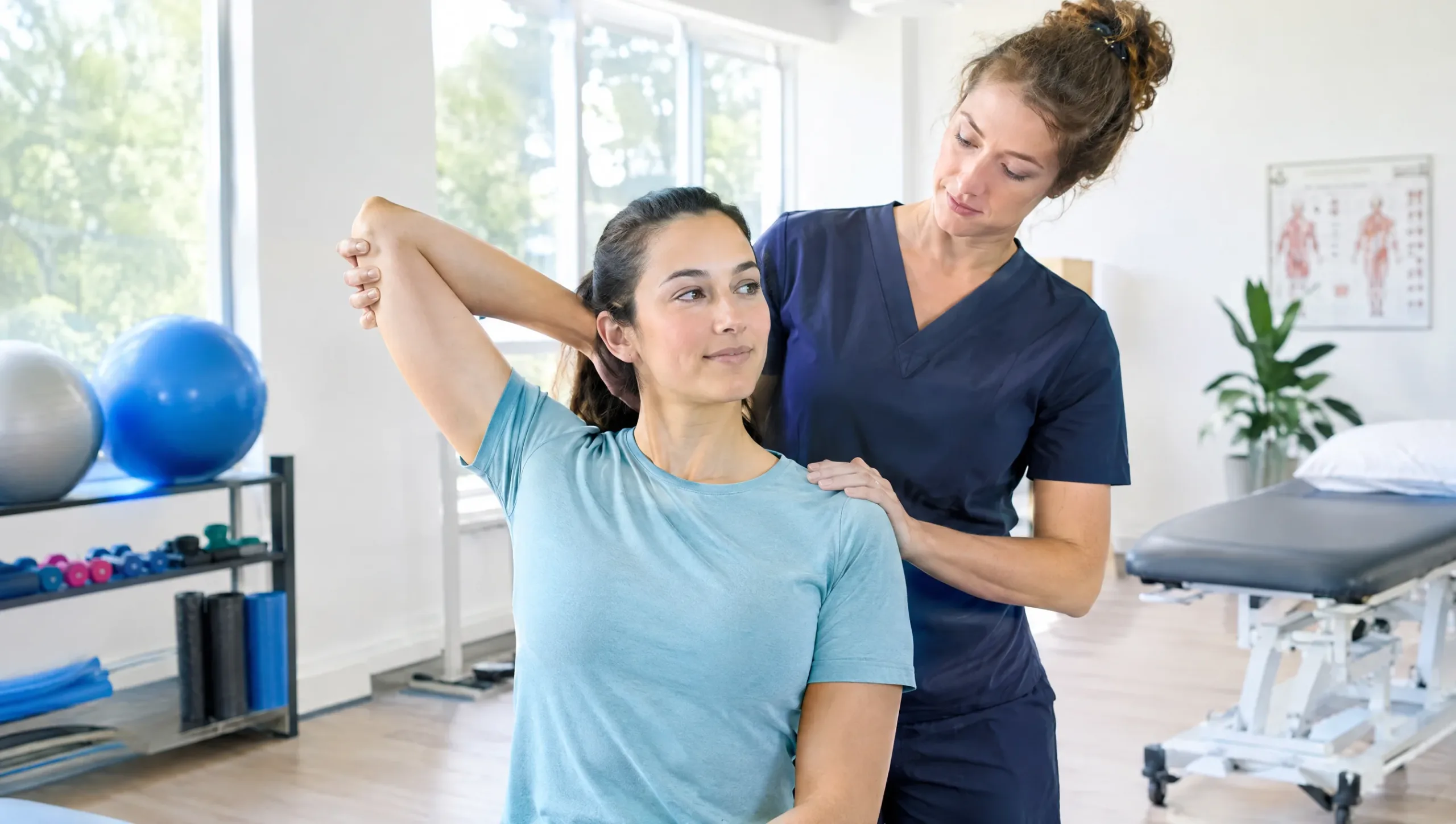 Patient stretching with physiotherapist after dry needling physiotherapy treatment