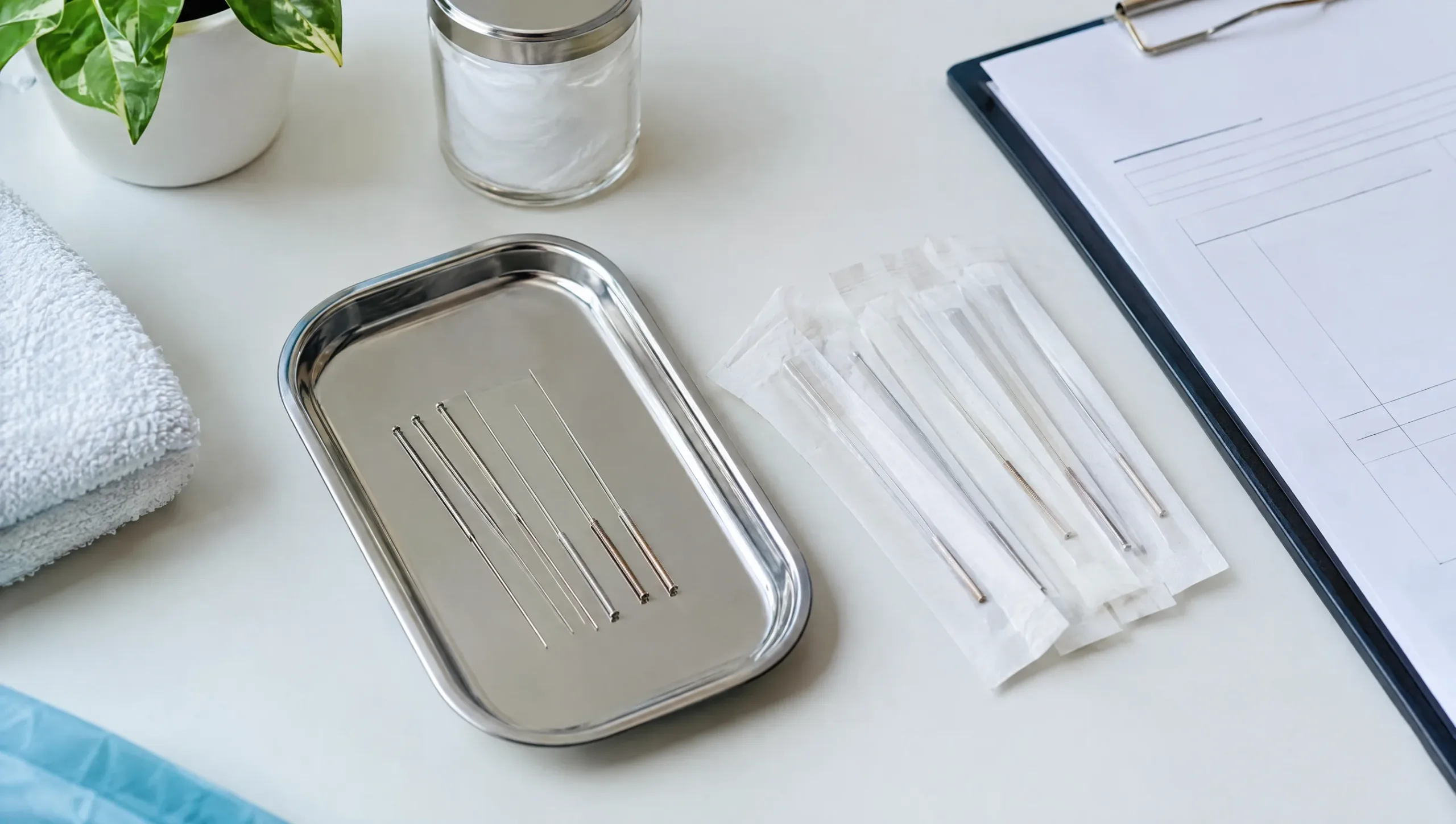 Needles and clinical chart comparing dry needling physiotherapy and acupuncture