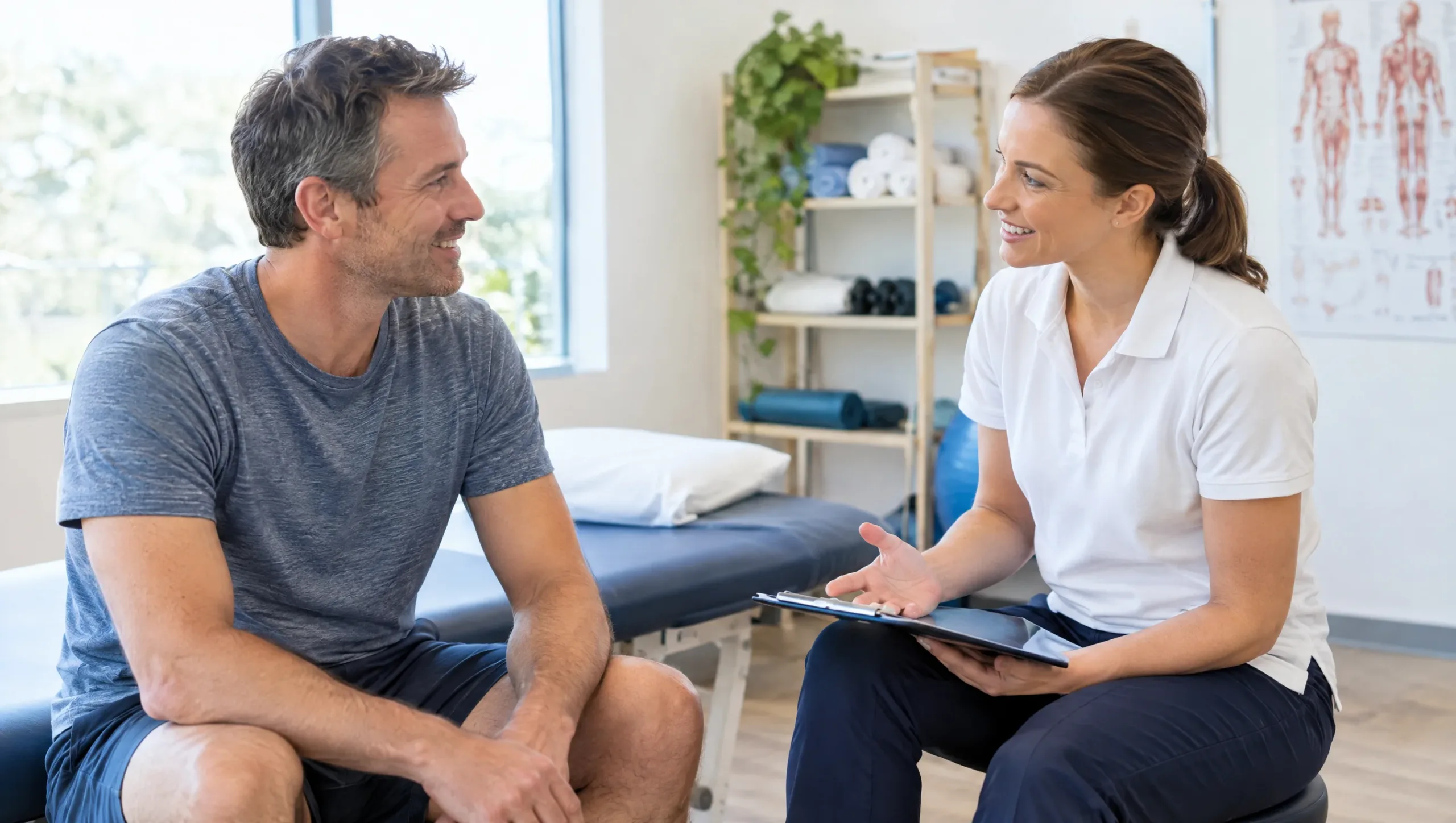 Relaxed patient and physiotherapist having a reassuring conversation