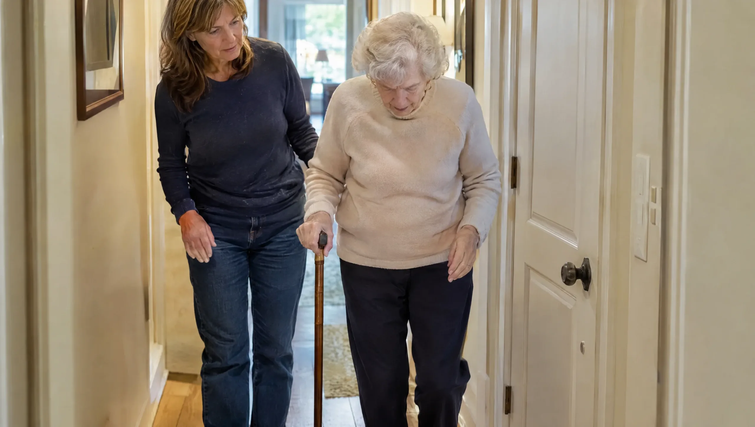 Elderly person walking with a cane at home, family member nearby