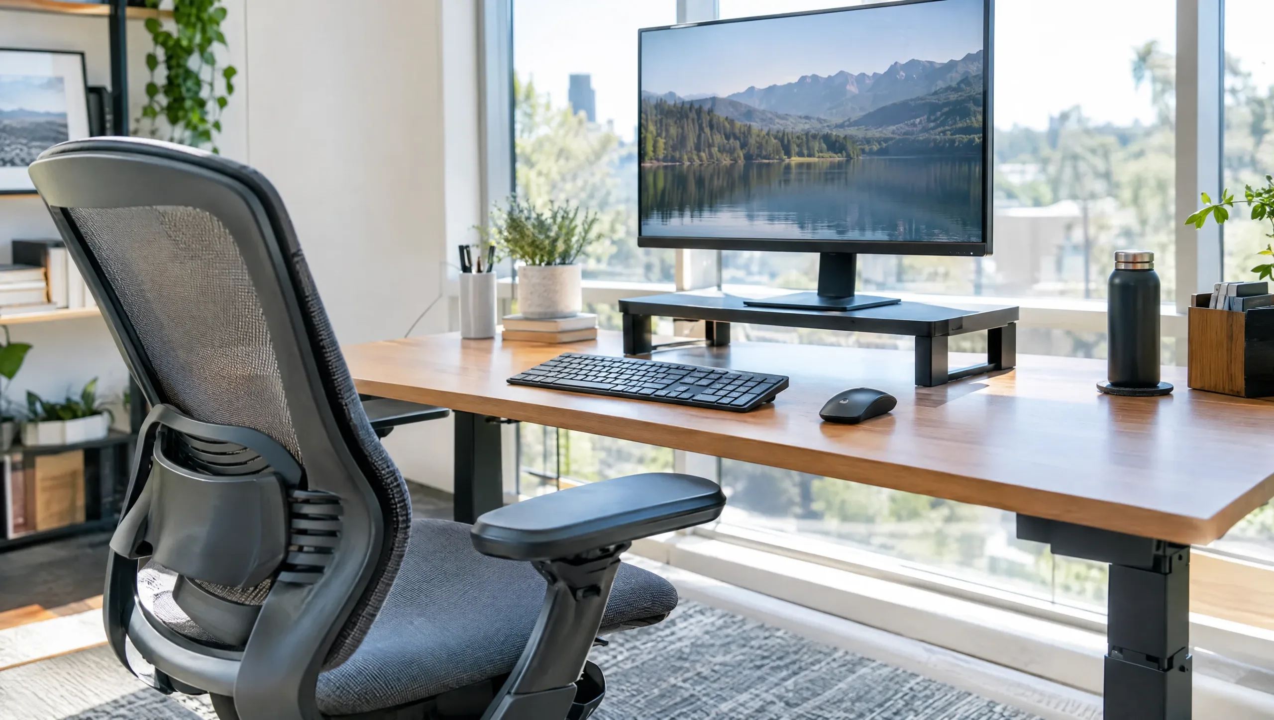 Ergonomic desk setup with monitor stand, keyboard, and supportive chair