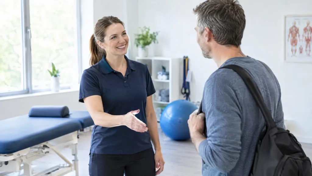 Physiotherapist greeting a patient for their first physiotherapy session
