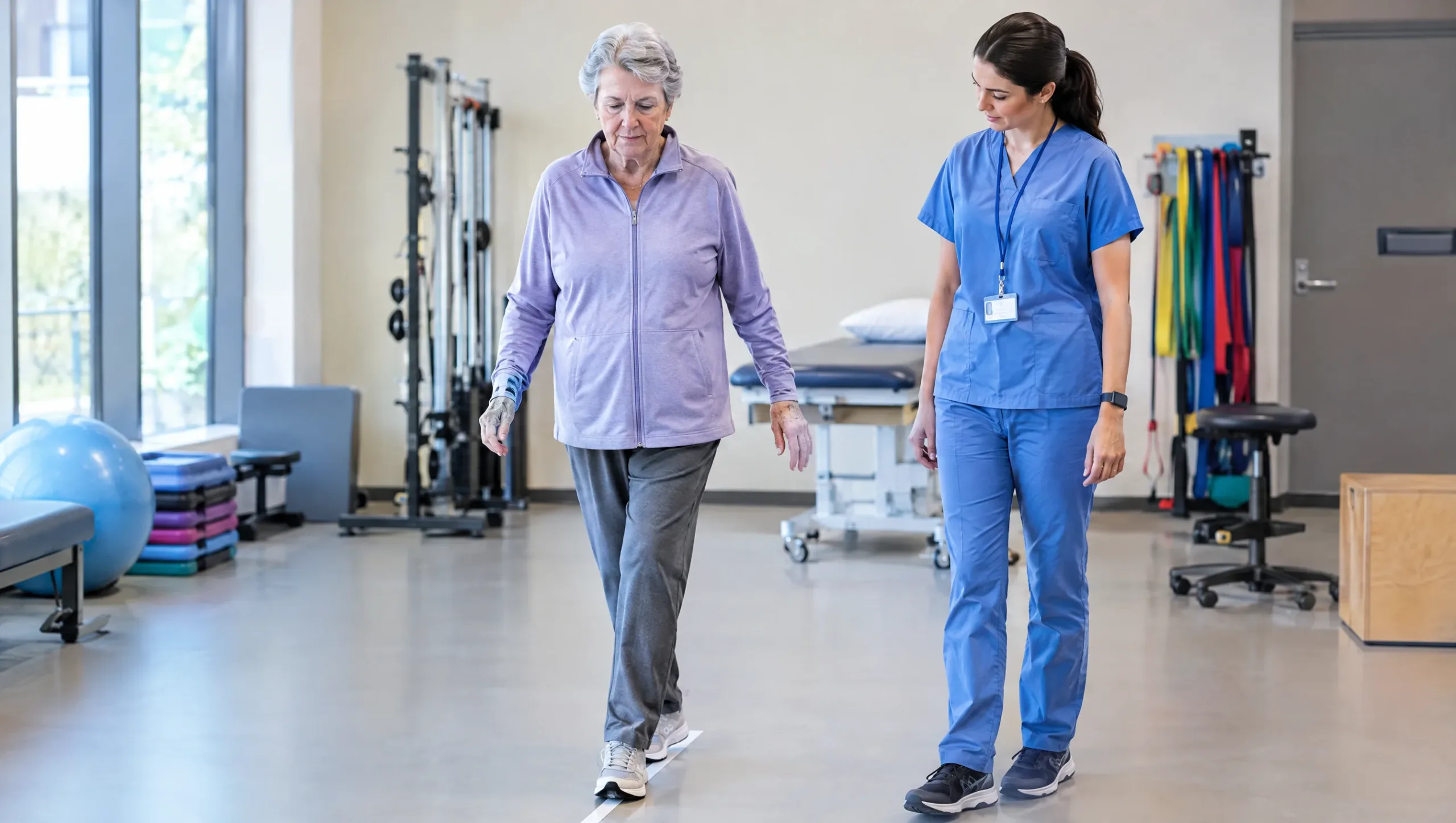 Elderly person doing heel-to-toe balance walking exercise with physiotherapist supervision