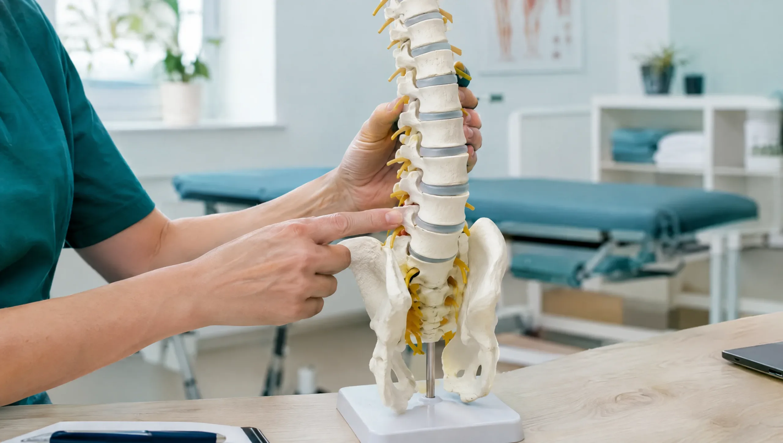 3D anatomical model showing a herniated disc in the lumbar spine